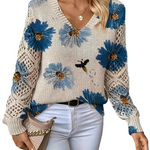 Moderner Pullover mit V-Ausschnitt und Blumenstrick – Produktansicht 1
