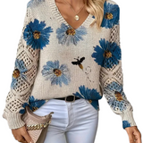 Moderner Pullover mit V-Ausschnitt und Blumenstrick – Produktansicht 1