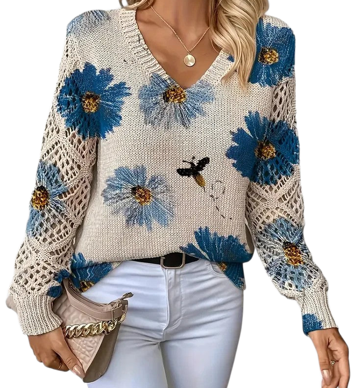 Moderner Pullover mit V-Ausschnitt und Blumenstrick – Produktansicht 1