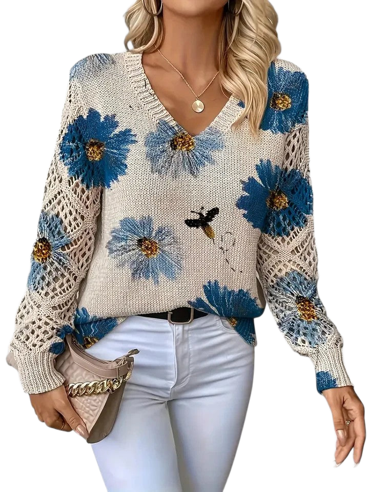 Moderner Pullover mit V-Ausschnitt und Blumenstrick – Produktansicht 1