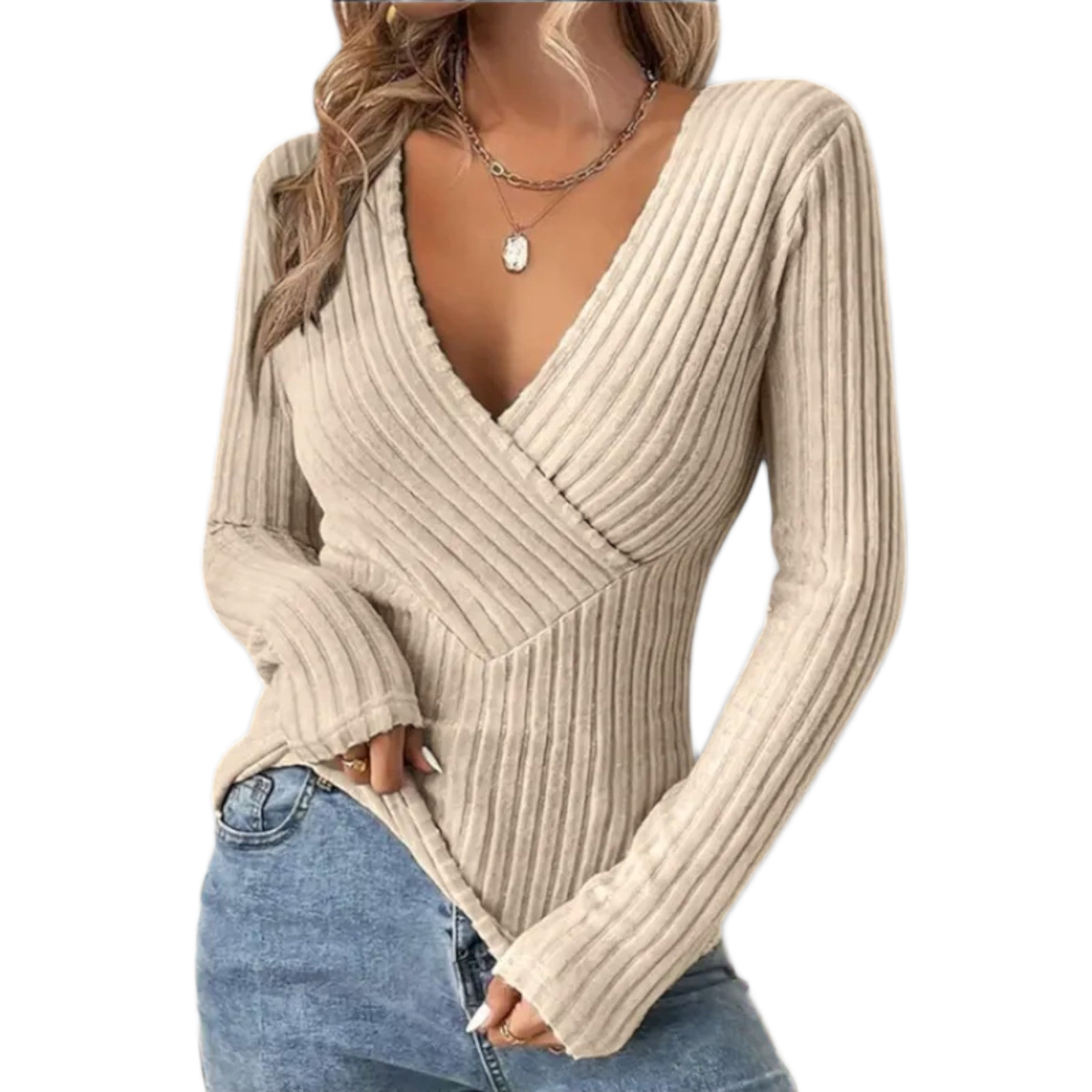 Gerippter Pullover mit V-Ausschnitt in Wickeloptik – Produktansicht 1