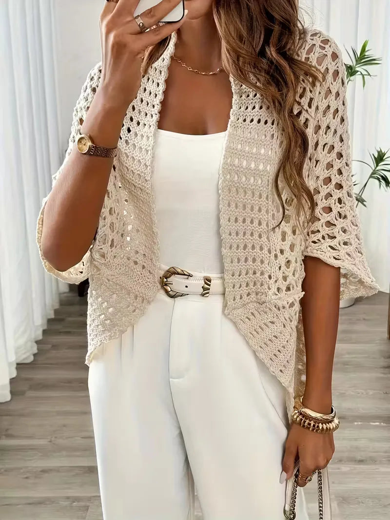 Häkel-Cardigan mit Ajour-Muster in Hellbeige – Produktansicht 3