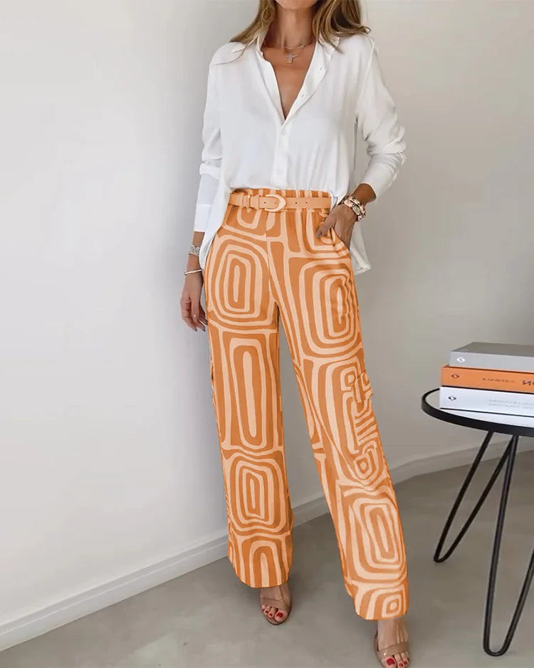 Elegantes Set aus Oberteil und Hose mit Bindegürtel – Produktansicht 6
