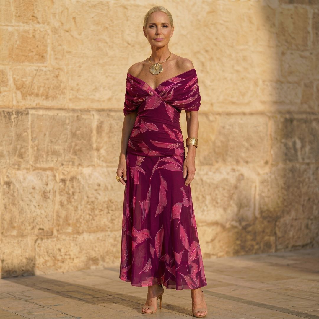 Elegantes Kleid mit Blattmuster in Lila – Produktansicht 1