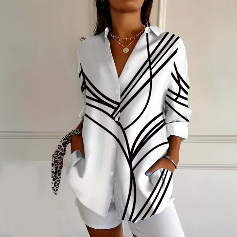 Bedruckte Bluse mit Reverskragen und langen Ärmeln – Produktansicht 2