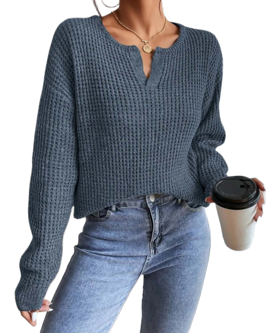 Eleganter Pullover mit V-Ausschnitt in Waffelstruktur – Produktansicht 1
