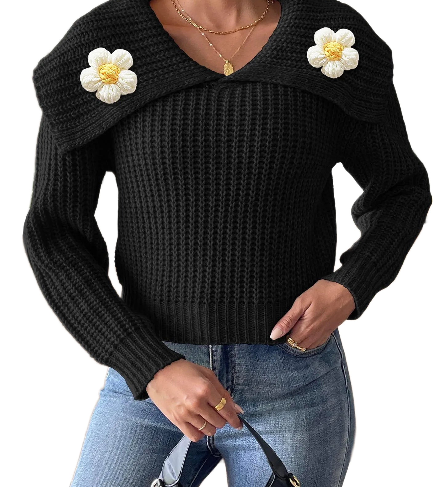 Eleganter Pullover mit verspieltem Blütenkragen – Produktansicht 1