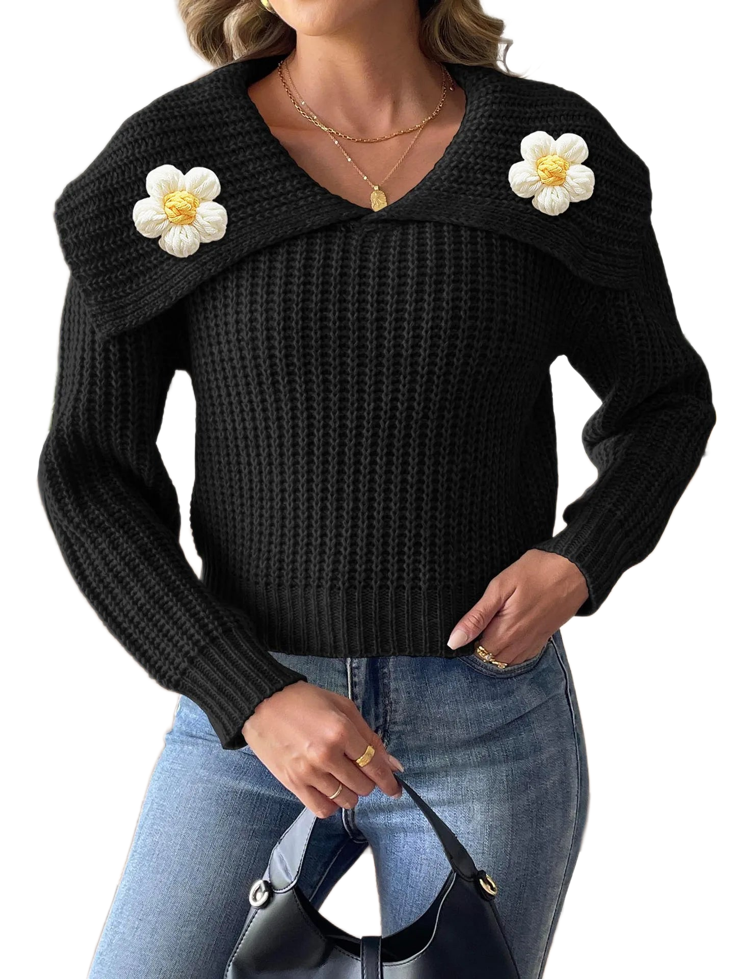 Eleganter Pullover mit verspieltem Blütenkragen – Produktansicht 1