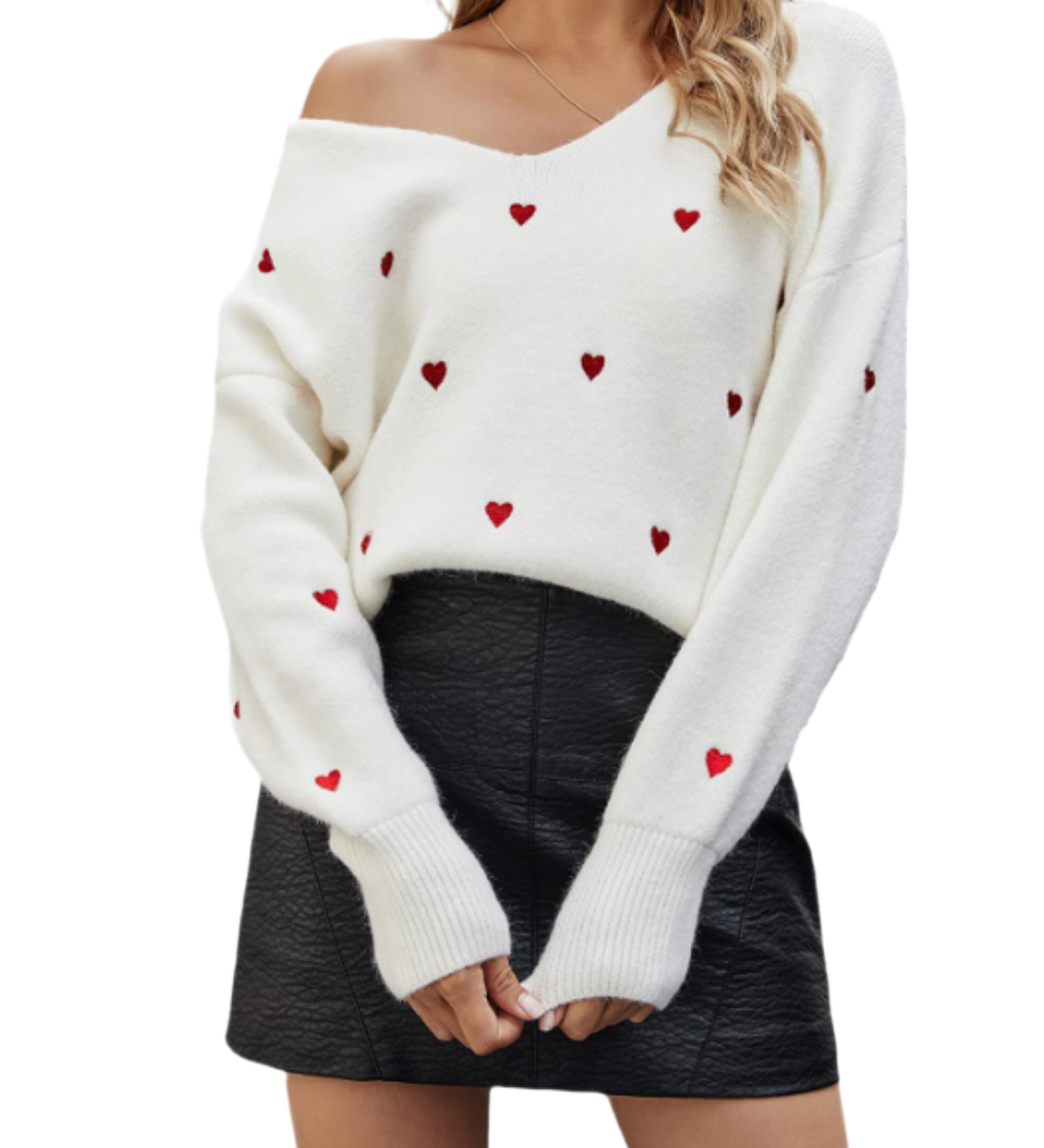 Pullover mit V-Ausschnitt und Herzmuster – Produktansicht 1