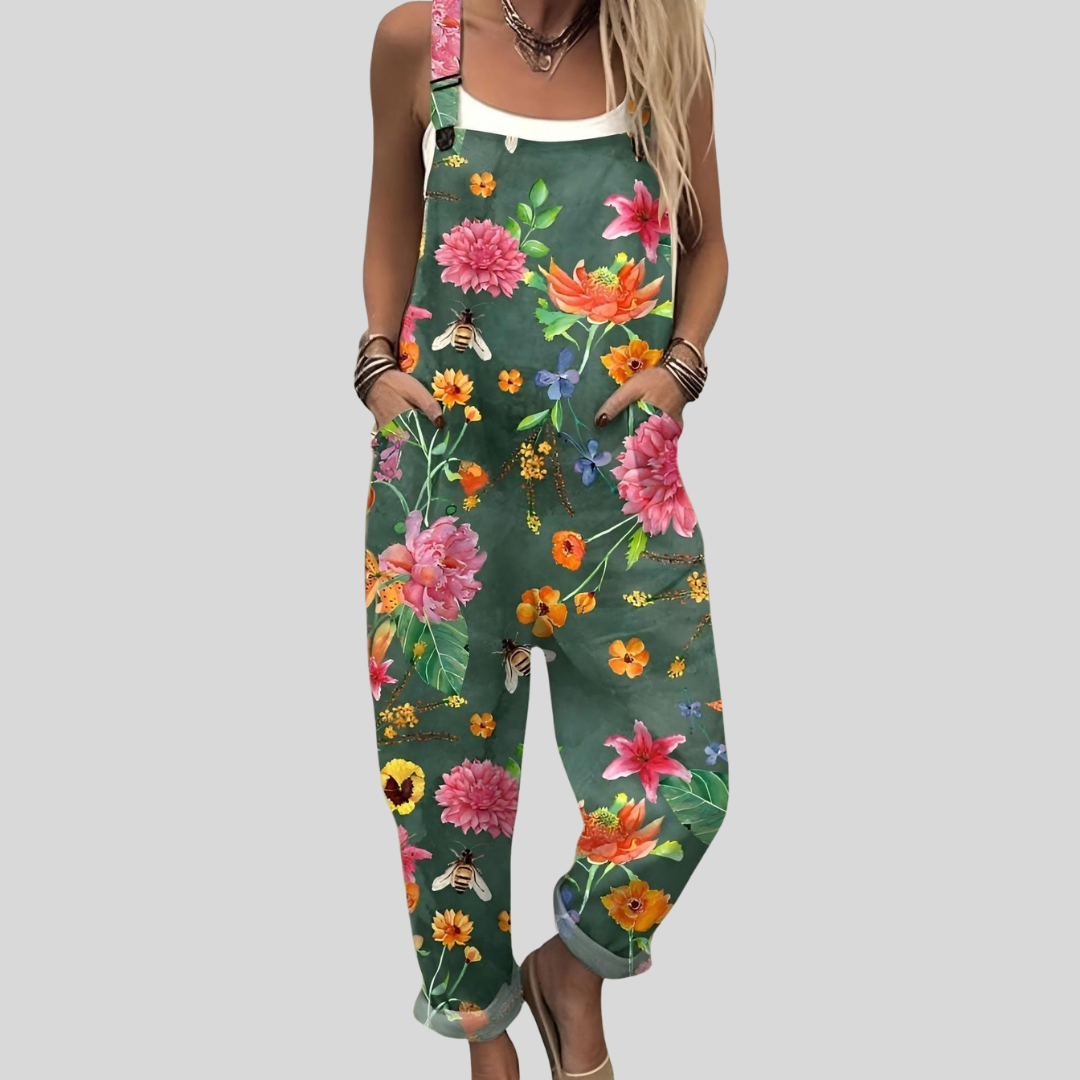 Florale Latzhose in Petrolgrün – Produktansicht 1