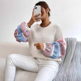 Mehrfarbiger Pullover mit Puffärmeln in Creme – Produktansicht 1