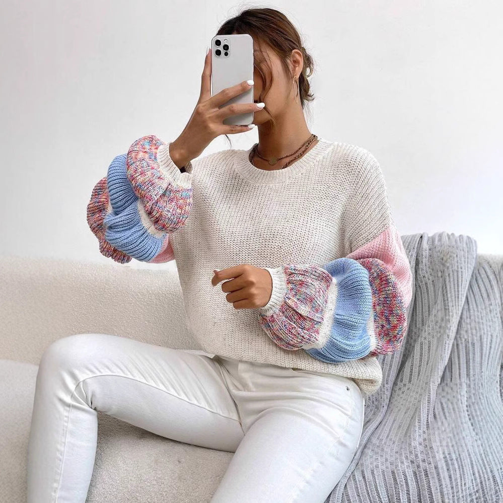 Mehrfarbiger Pullover mit Puffärmeln in Creme – Produktansicht 1