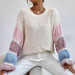 Mehrfarbiger Pullover mit Puffärmeln in Creme – Produktansicht 3