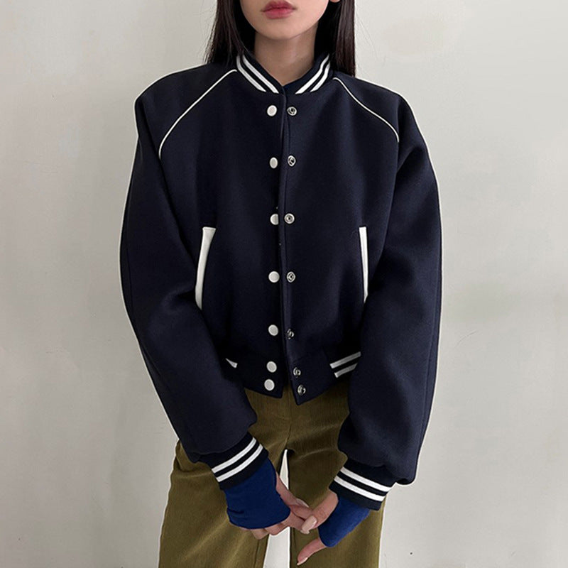 Kontrastierende Patchwork-Baseballjacke für Herbst und Winter – Produktansicht 2