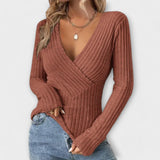 Gerippter Pullover mit V-Ausschnitt in Wickeloptik – Produktansicht 4