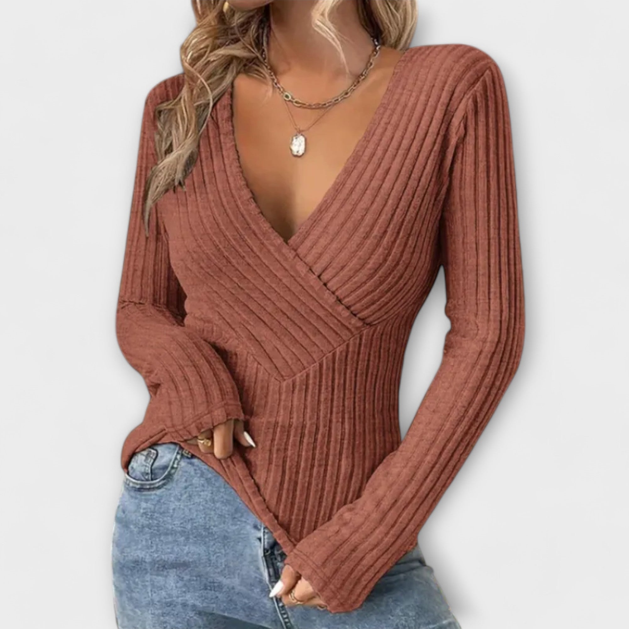 Gerippter Pullover mit V-Ausschnitt in Wickeloptik – Produktansicht 4