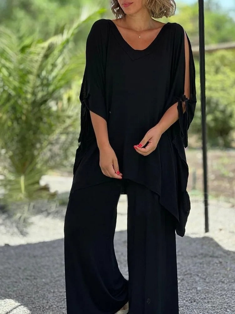 Elegantes Set aus Oberteil und Hose mit seitlichem Schlitz – Produktansicht 2