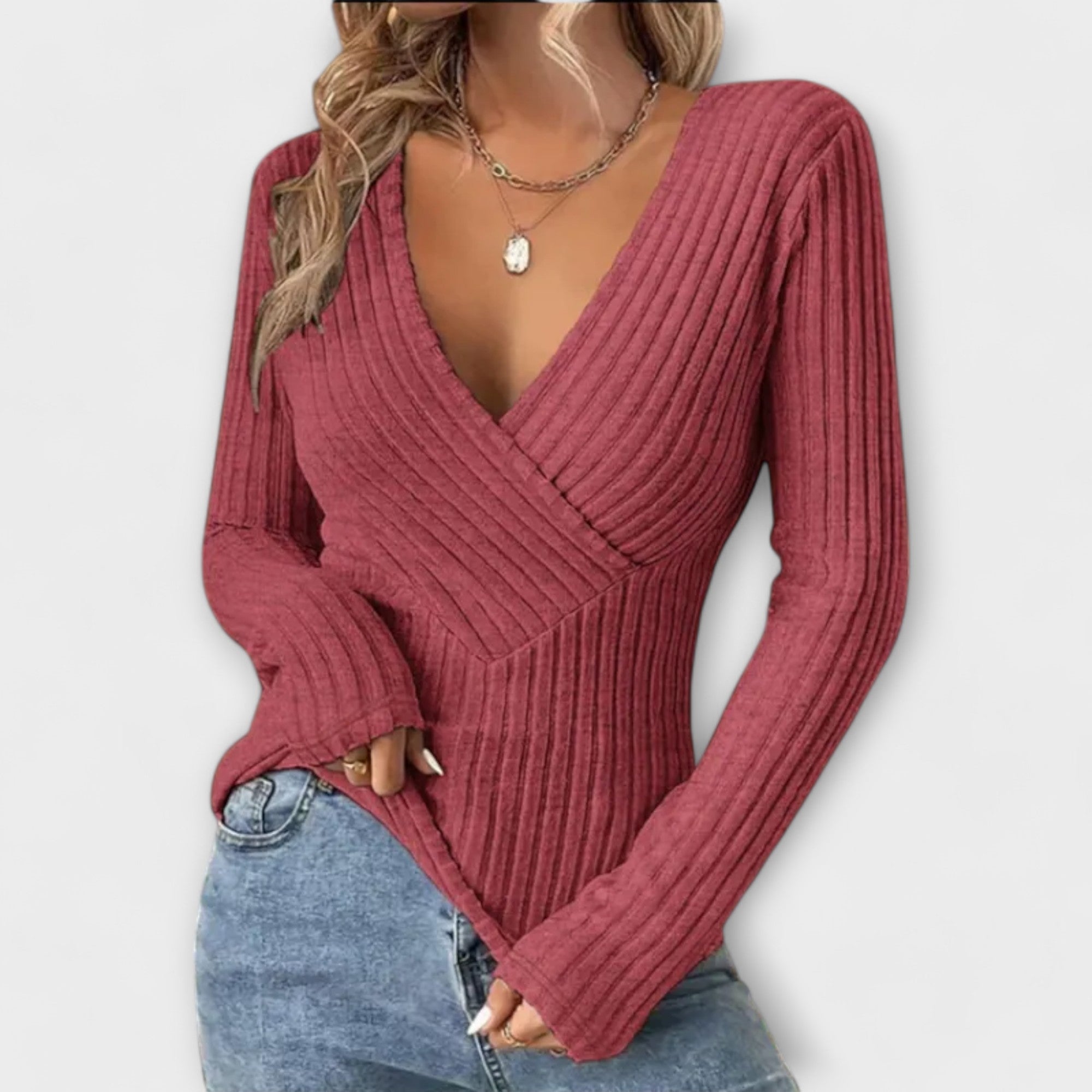 Gerippter Pullover mit V-Ausschnitt in Wickeloptik – Produktansicht 5