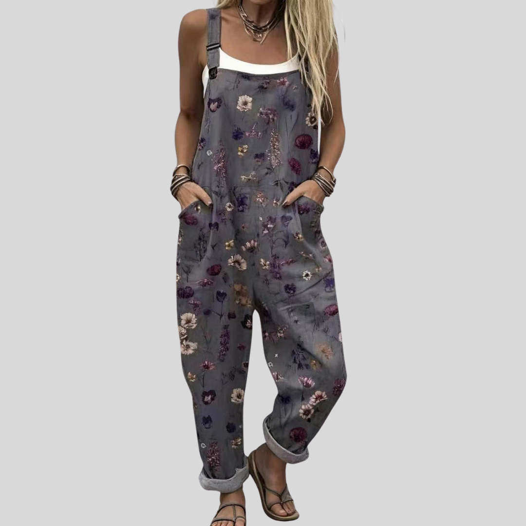 Bequeme Latzhose in Grau mit bunten Blümchen – Produktansicht 1