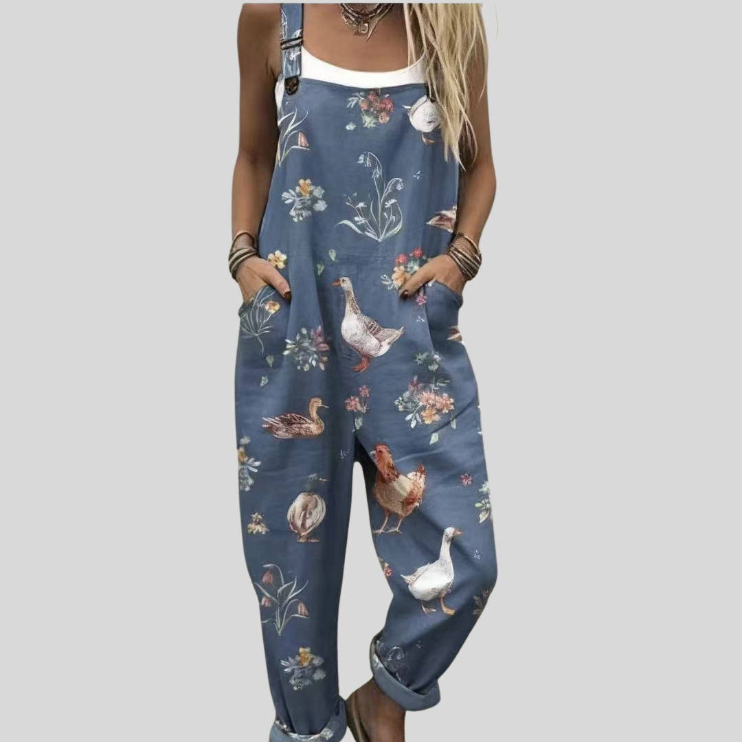Bequeme Latzhose mit Gänse-Motiv in Blau – Produktansicht 1
