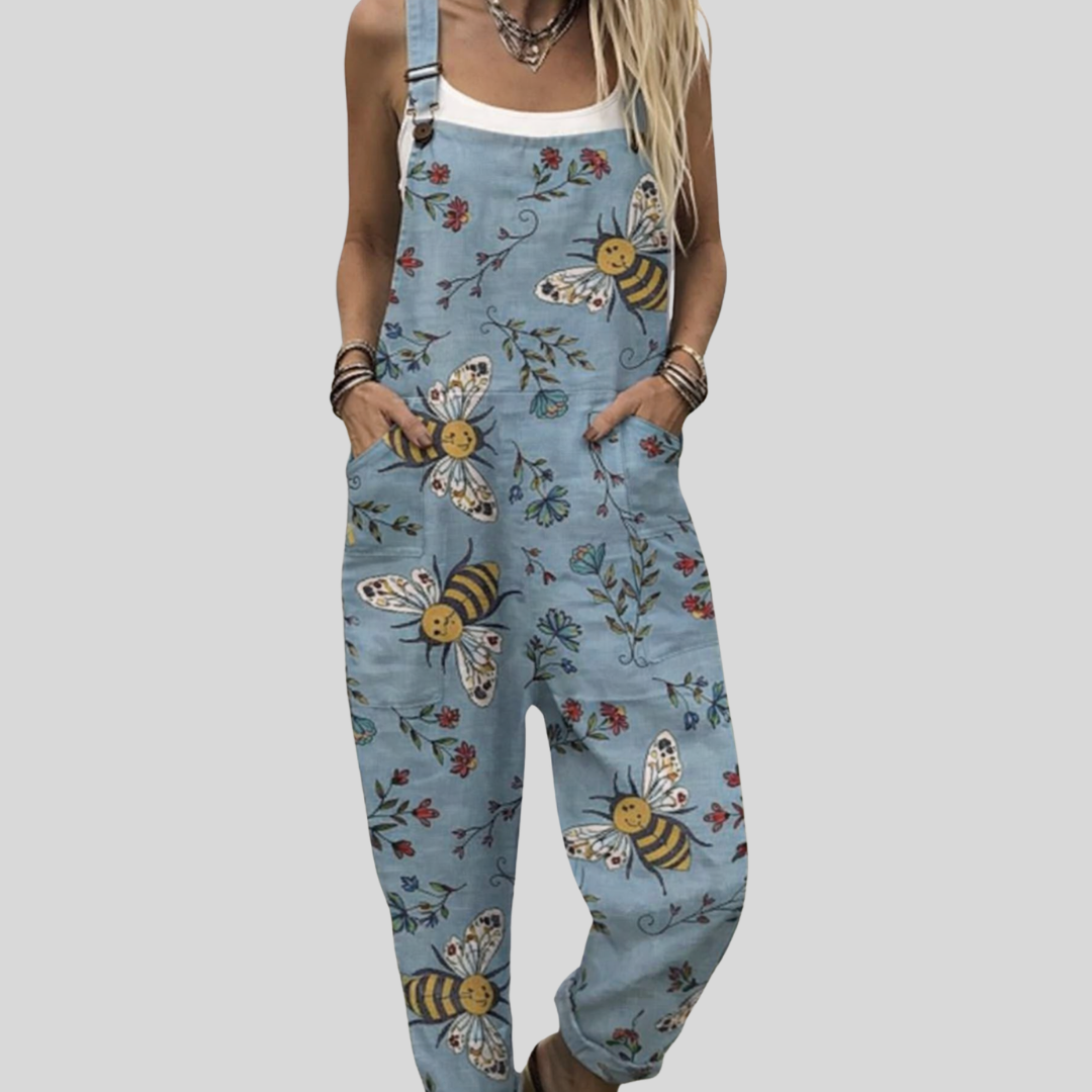Bequeme hellblaue Latzhose mit Bienen – Produktansicht 1