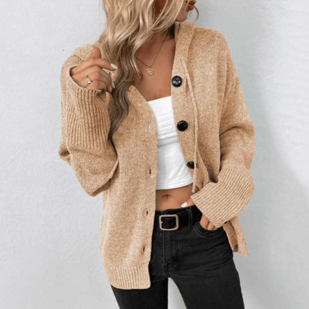 Lässige Kapuzen-Strickjacke mit Knopfleiste – Produktansicht 2