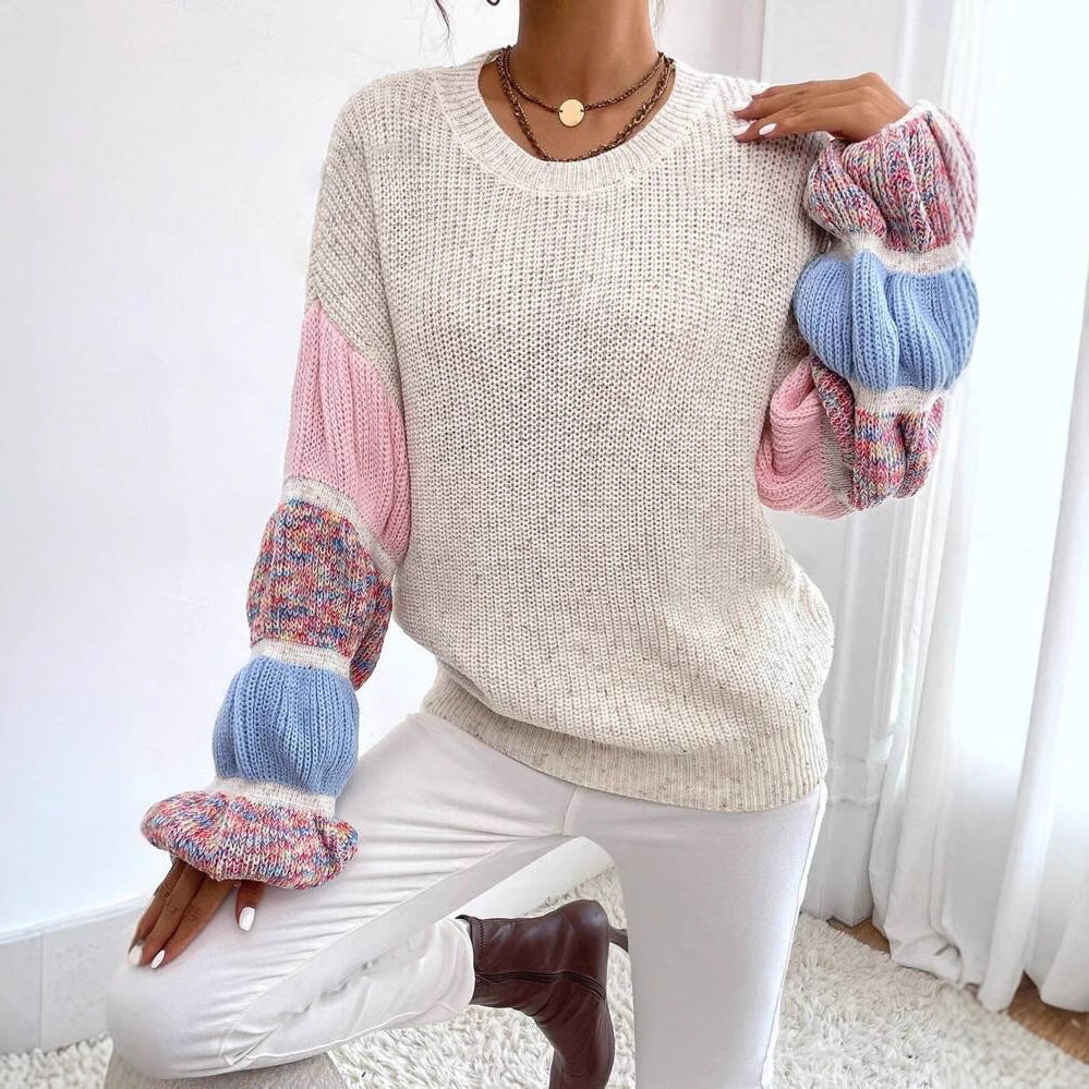 Mehrfarbiger Pullover mit Puffärmeln in Creme – Produktansicht 4