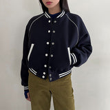 Kontrastierende Patchwork-Baseballjacke für Herbst und Winter – Produktansicht 1
