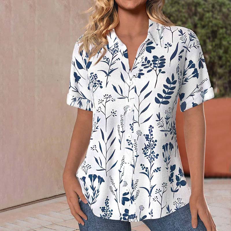 Bedruckte Bluse mit Blättermuster und Reverskragen – Produktansicht 2