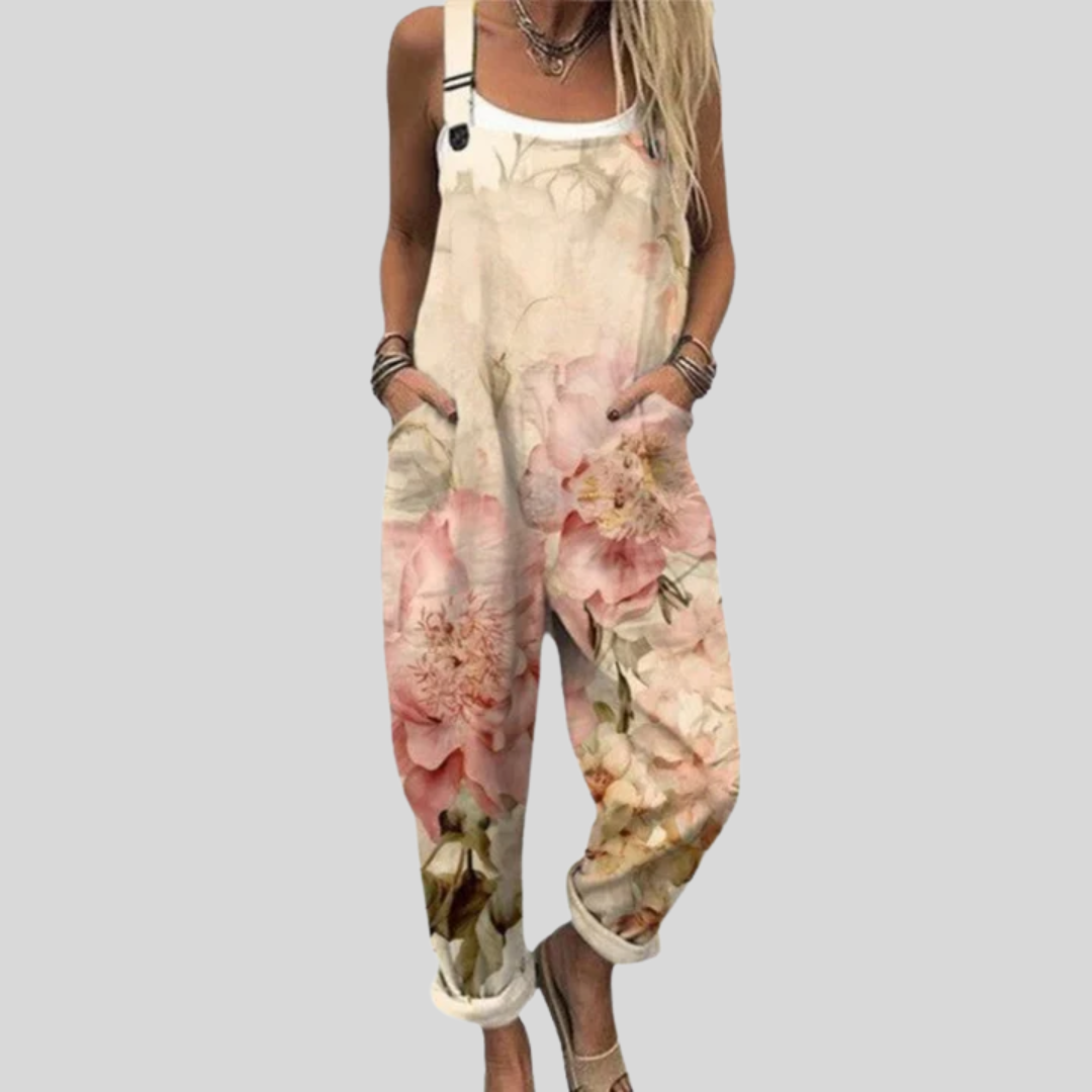 Bequeme Latzhose mit Aquarell-Rosen in Creme – Produktansicht 1