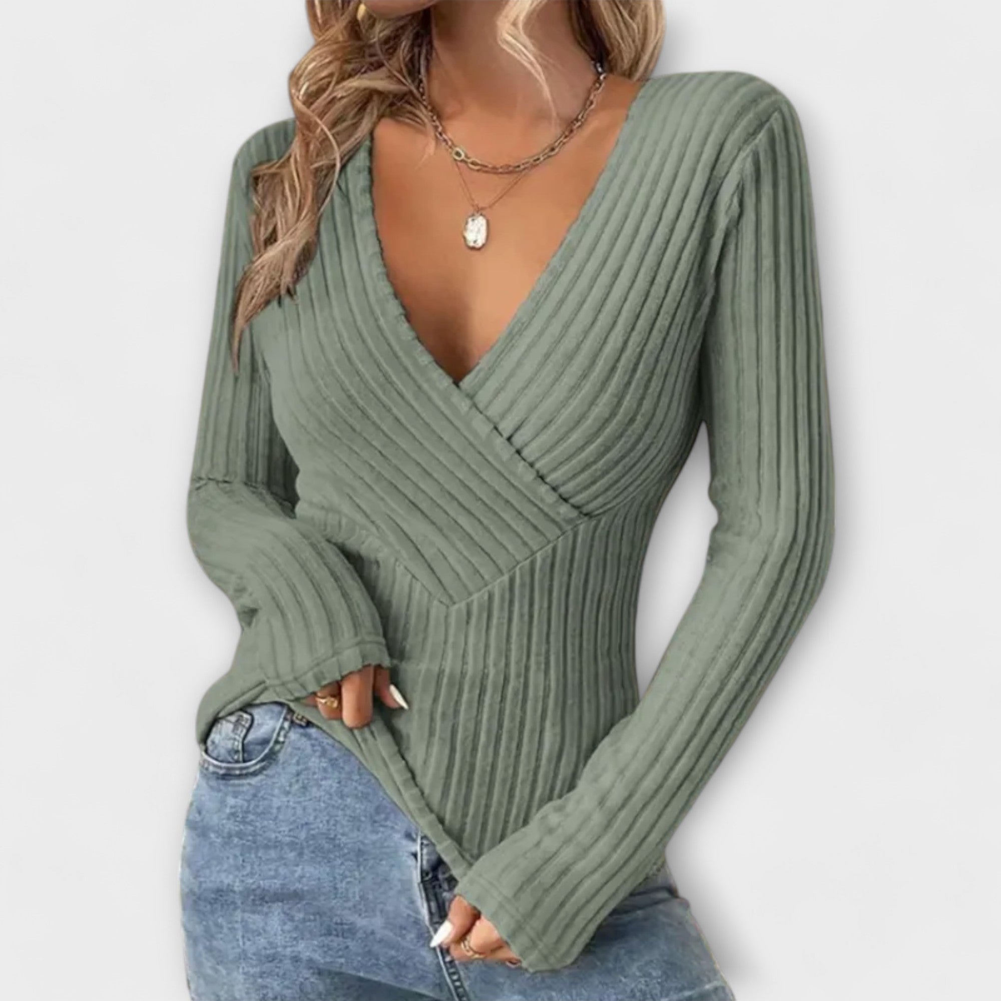 Gerippter Pullover mit V-Ausschnitt in Wickeloptik – Produktansicht 3