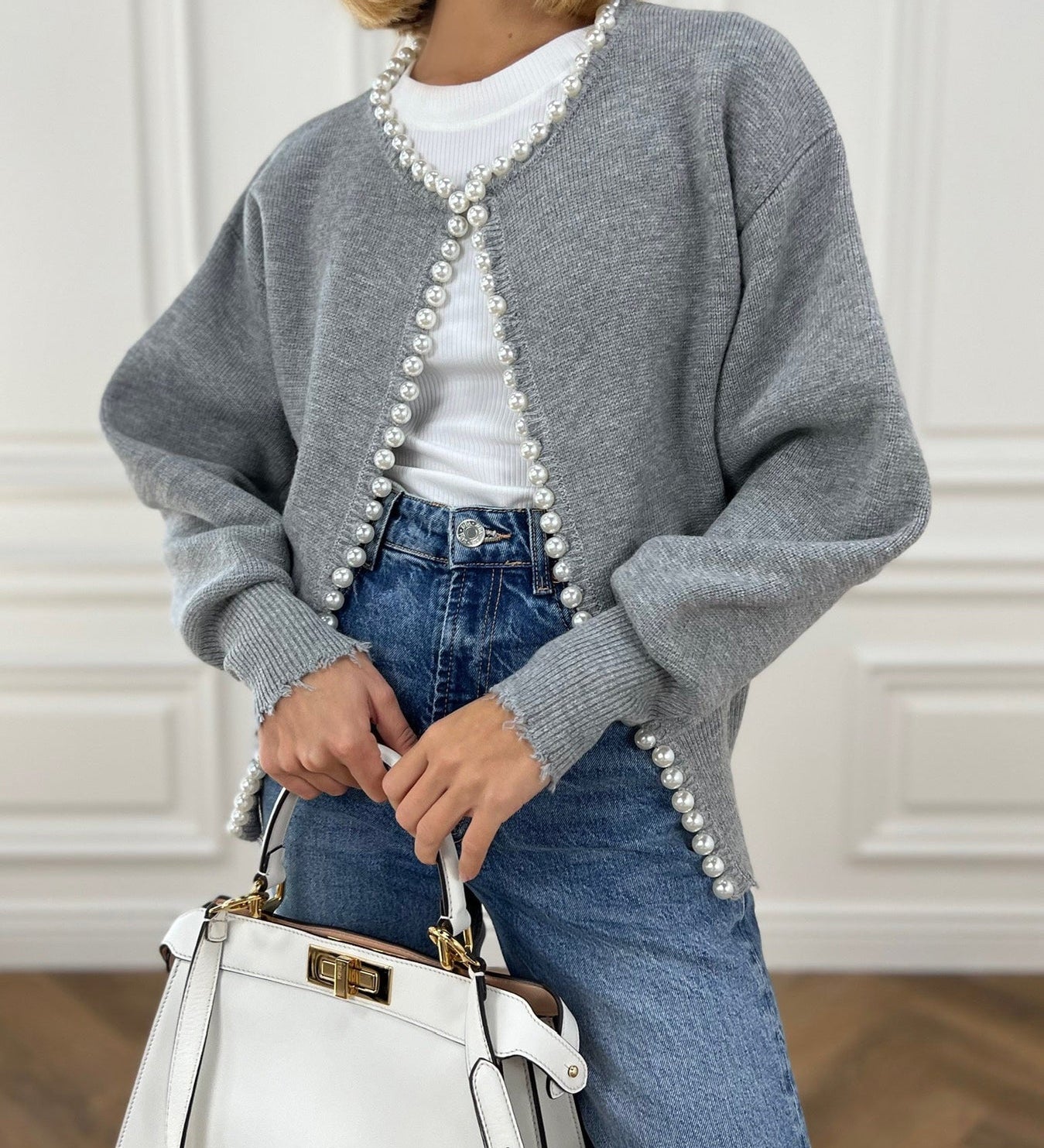 Cardigan mit Perlenverzierung aus Baumwollmischung – Produktansicht 4