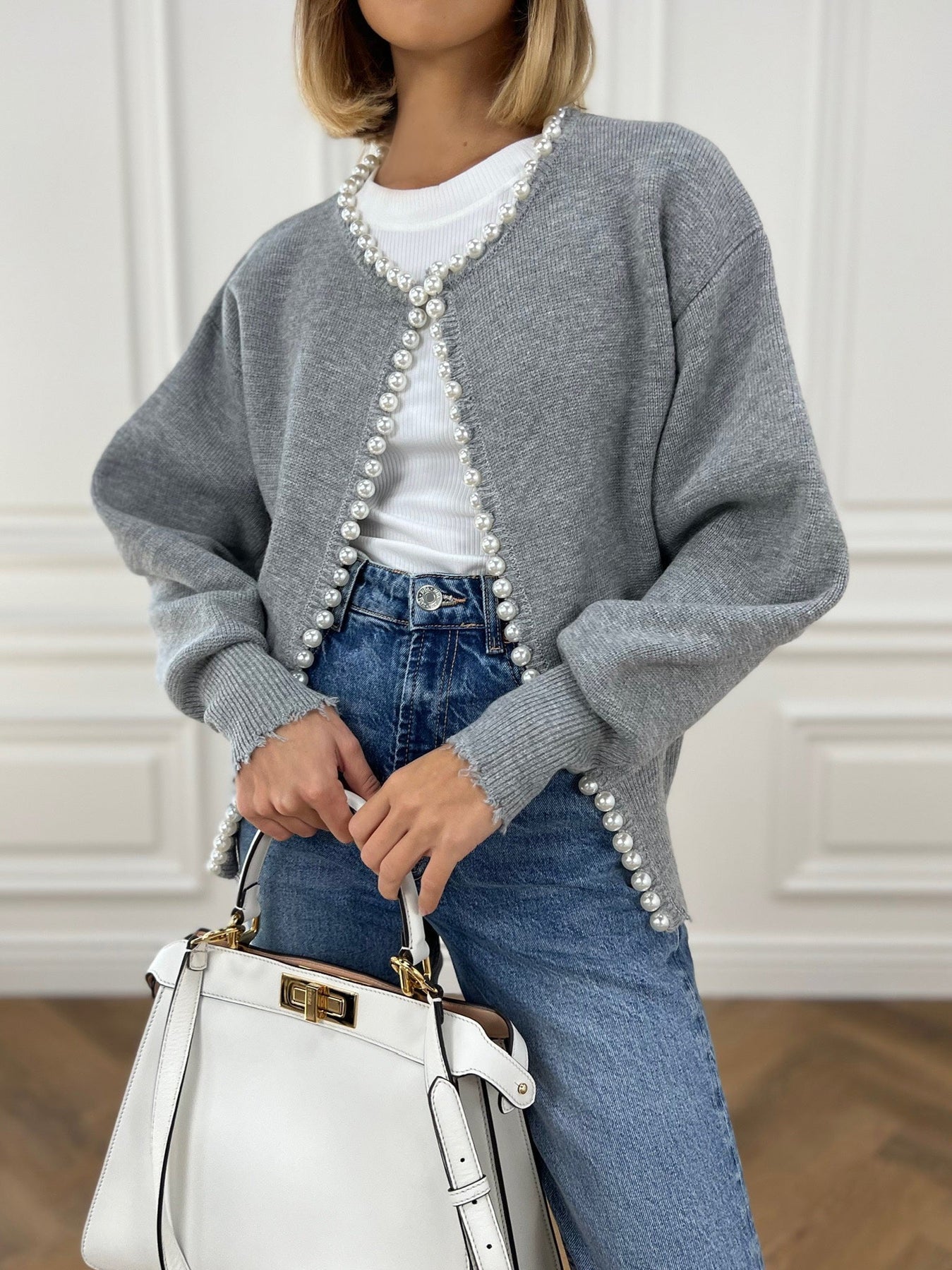 Cardigan mit Perlenverzierung aus Baumwollmischung – Produktansicht 4