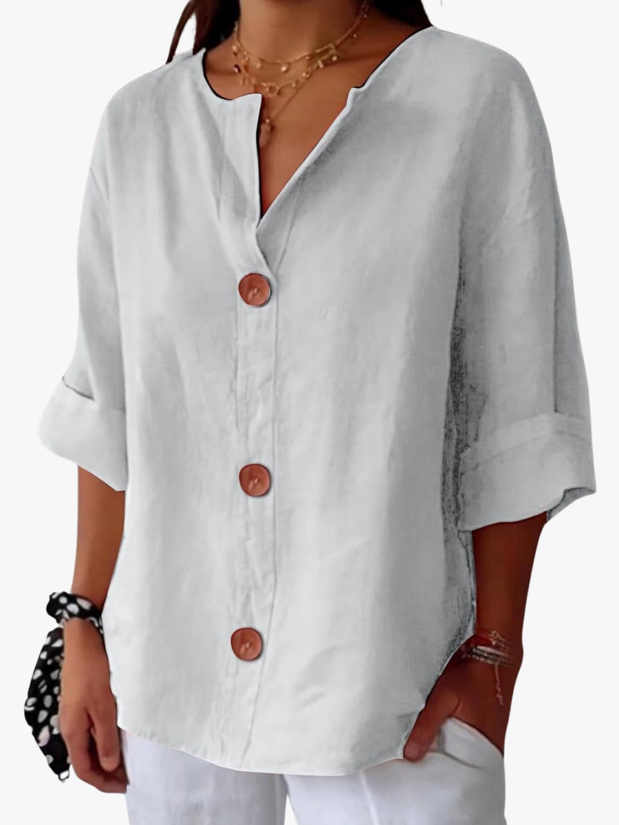Bluse mit V-Ausschnitt und Holzknöpfen – Produktansicht 1