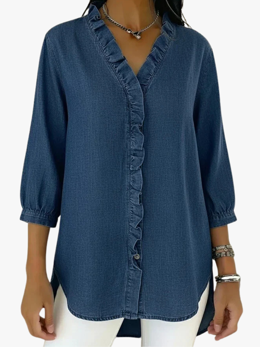 Denimbluse mit V-Ausschnitt und Volants – Produktansicht 1