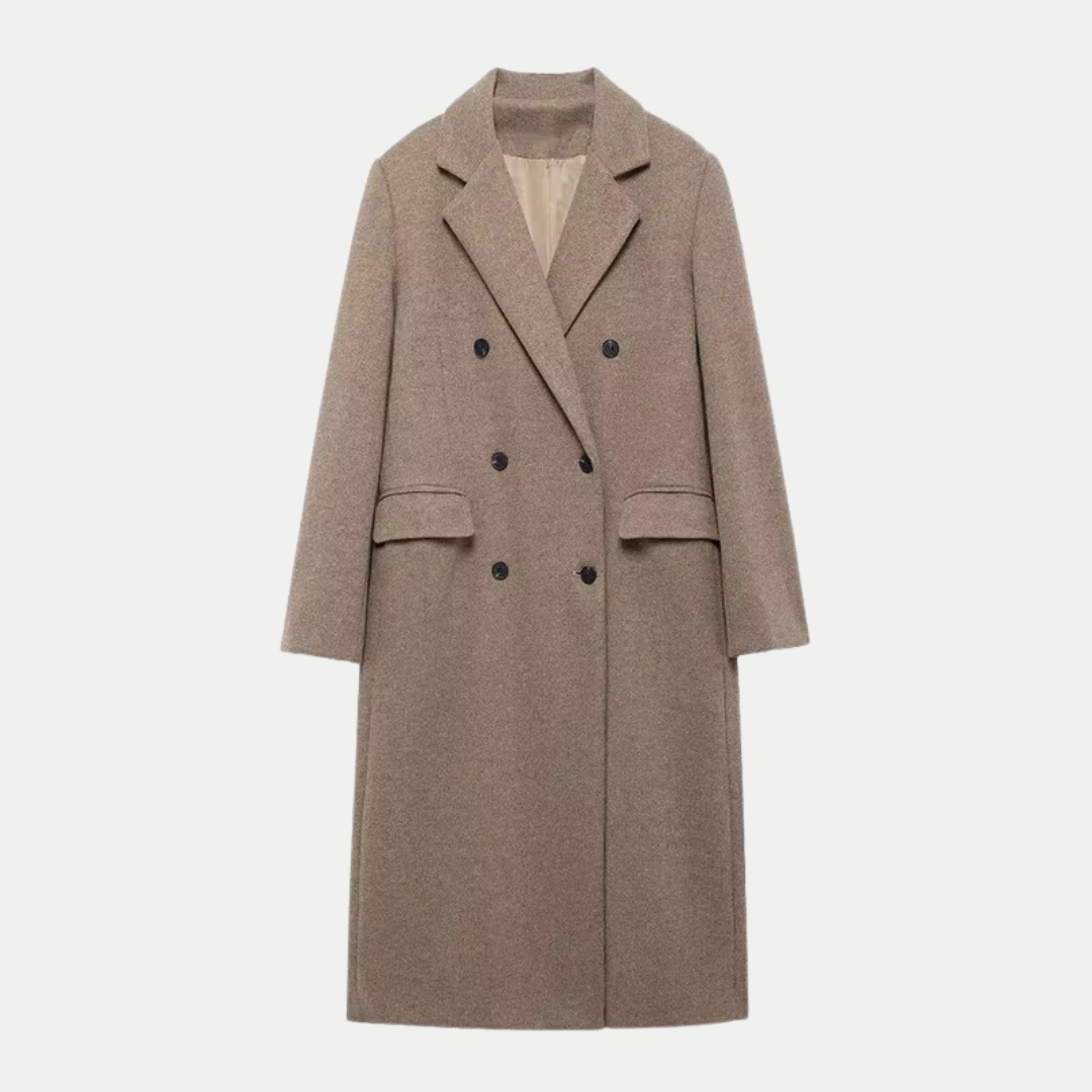 Eleganter langer zweireihiger Wollmantel in Taupe – Produktansicht 2