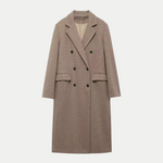 Eleganter langer zweireihiger Wollmantel in Taupe – Produktansicht 2