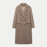 Eleganter langer zweireihiger Wollmantel in Taupe – Produktansicht 2