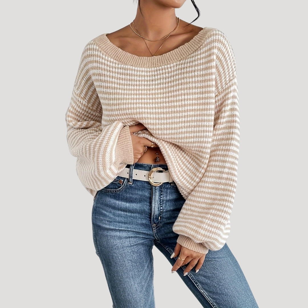 Gestreifter Oversize-Pullover mit U-Boot-Ausschnitt – Produktansicht 2