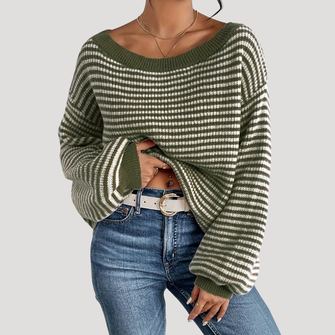 Gestreifter Oversize-Pullover mit U-Boot-Ausschnitt – Produktansicht 6