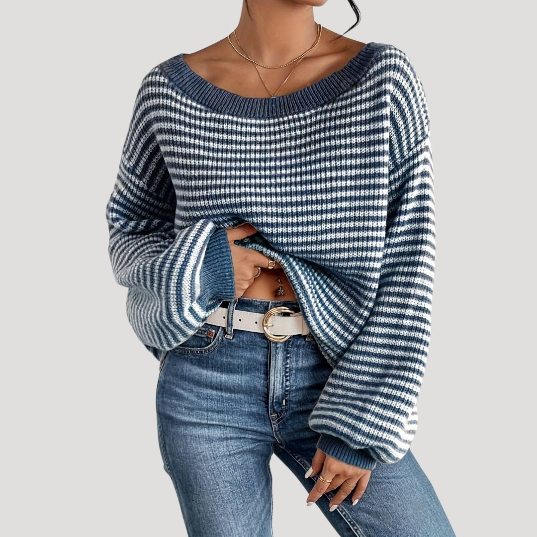 Gestreifter Oversize-Pullover mit U-Boot-Ausschnitt – Produktansicht 9