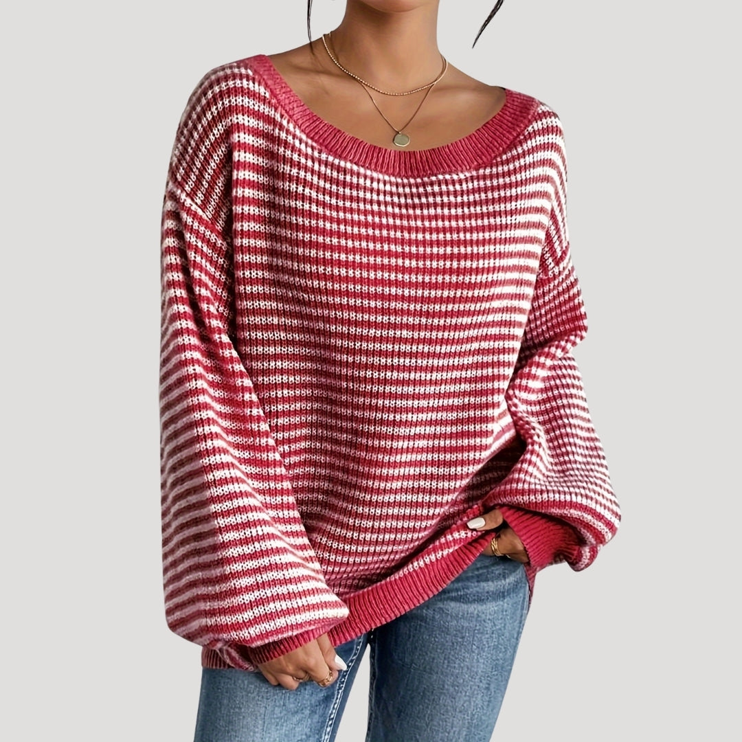 Gestreifter Oversize-Pullover mit U-Boot-Ausschnitt – Produktansicht 10