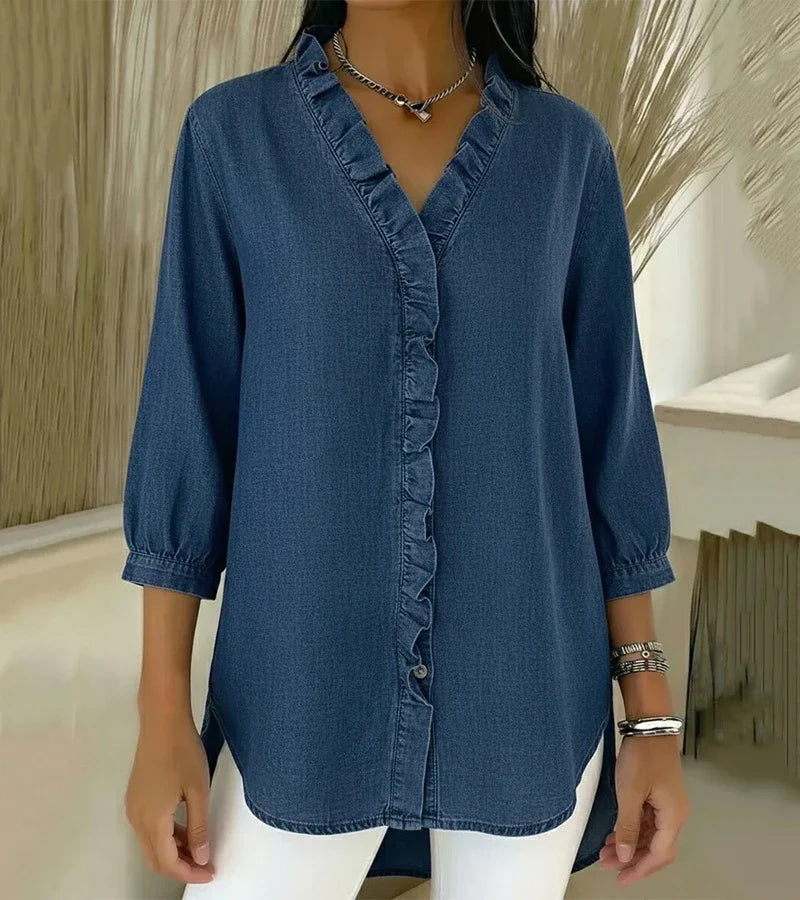Denimbluse mit V-Ausschnitt und Volants – Produktansicht 2