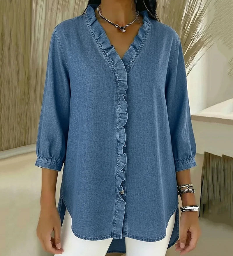 Denimbluse mit V-Ausschnitt und Volants – Produktansicht 4