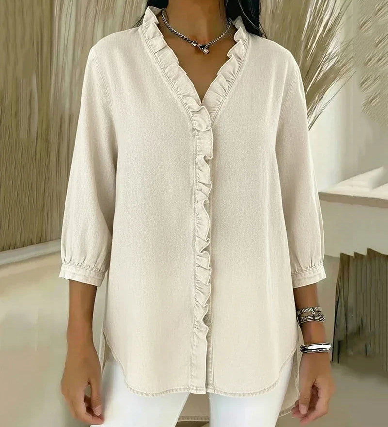 Denimbluse mit V-Ausschnitt und Volants – Produktansicht 5