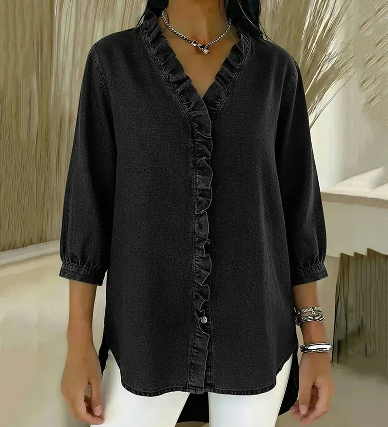 Denimbluse mit V-Ausschnitt und Volants – Produktansicht 3