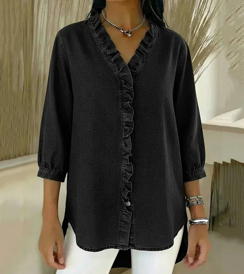 Denimbluse mit V-Ausschnitt und Volants – Produktansicht 3