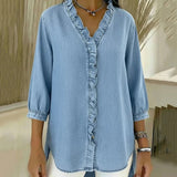 Denimbluse mit V-Ausschnitt und Volants – Produktansicht 7