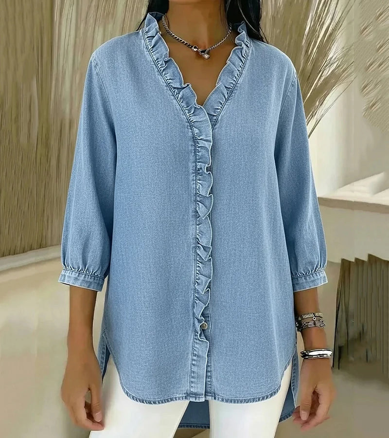 Denimbluse mit V-Ausschnitt und Volants – Produktansicht 7