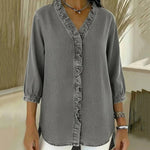 Denimbluse mit V-Ausschnitt und Volants – Produktansicht 6